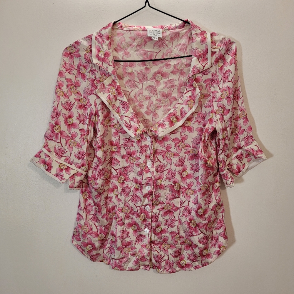 Isabelle Elie Silk Floral Short Sleeve Button Up Blouse Shirt - Size S